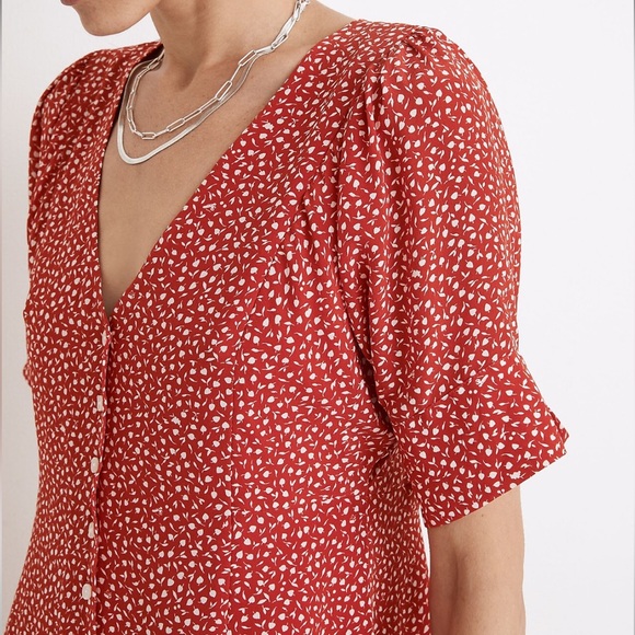 Madewell NWT Size 8 Silk Button Front Mini Dress Park Picnic Red Floral - Picture 2 of 5